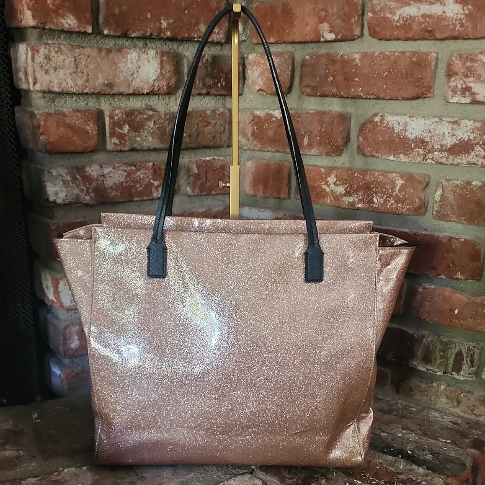 Kate Spade Rose Gold Glitter Tote Bow Black Handles Sparkly Shopper Bag - Picture 5 of 16